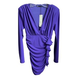 Zara Bodycon Plunge V-neck Drape Ruffle Mini Dress Purple Size Small